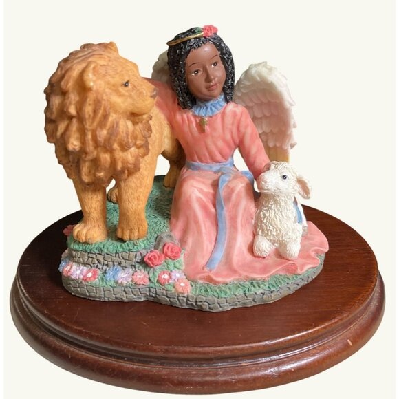Angel with Lamb and Lion Religious Figurine with Wood Base - Picture 1 of 9